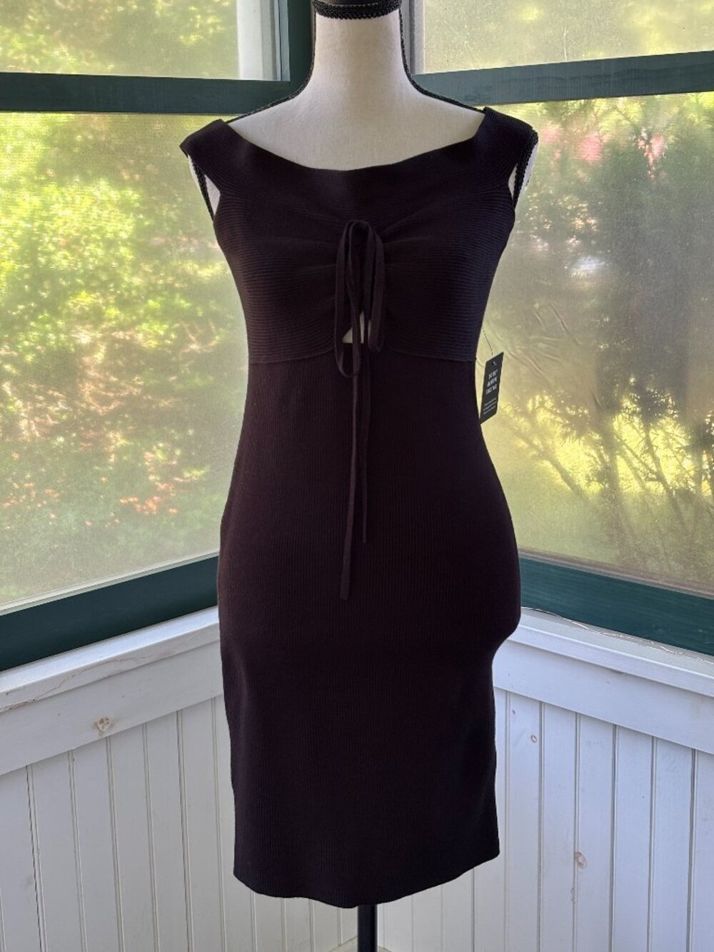 Express Body Contour Ribbed Midi Dress | Black | Tie-Front Cutout | Size M